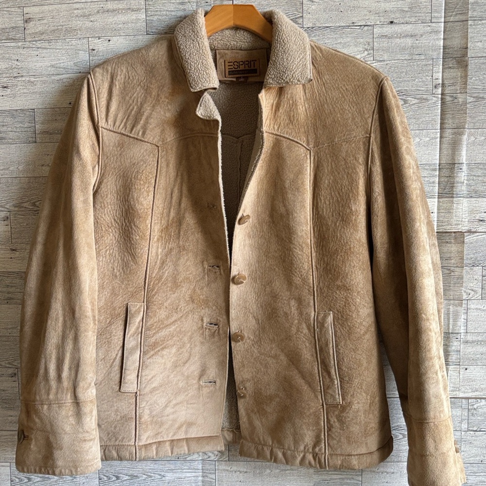 Brown Leather Suede Coat Shearling Y2K Women's Large jacket Vintage Esprit